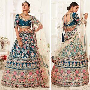 NEW Teal Blue Floral Embroidered Umbrella Lehenga Choli Dupatta Set, 33" Bust